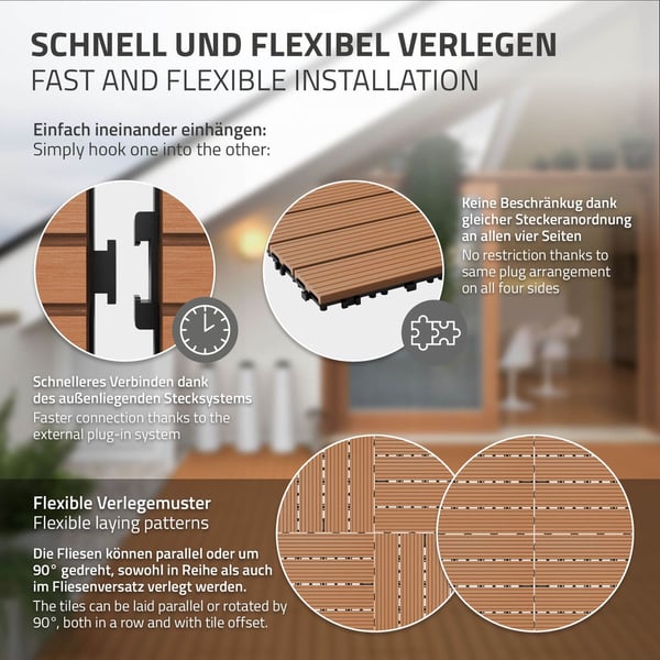 ECD Germany WPC terrassefliser 60x30 cm 17 stykker besparelsessæt til 3m² lysebrun i træ kig efter havebalkongulve med dræning og kliksystem