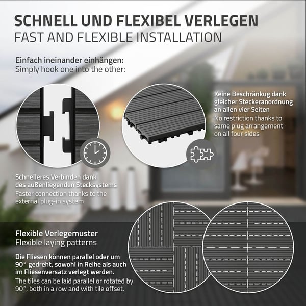 ECD Germany WPC terrassefliser 60x30 cm 11er besparelsessæt til 2m² antracit i træ kig efter havebalkongulve med dræning og kliksystem terrassebord