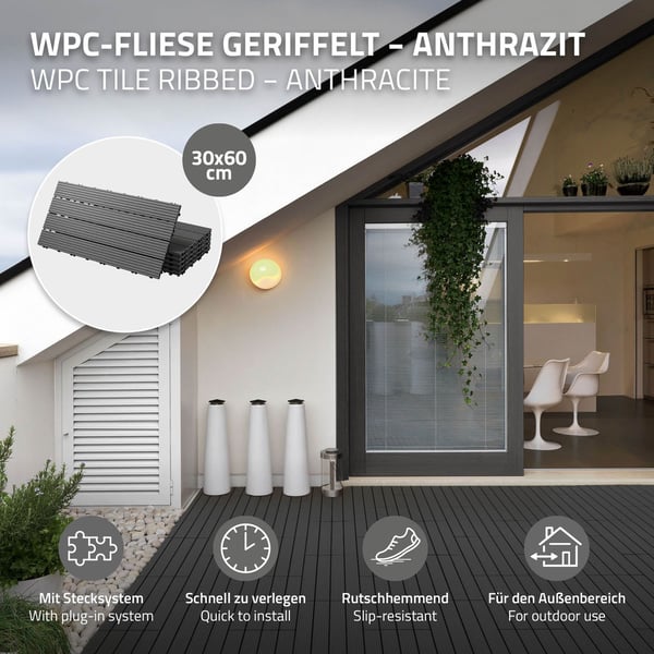 ECD Germany WPC terrassefliser 60x30 cm 11er besparelsessæt til 2m² antracit i træ kig efter havebalkongulve med dræning og kliksystem terrassebord