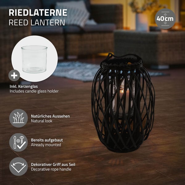ECD Germany Lantern Ried 40 x ø 26 cm kahvalla, musta, köysikuitu, punottu optiikka, tuulen valo lasin lisälaitteella, retro lyhty kori punos
