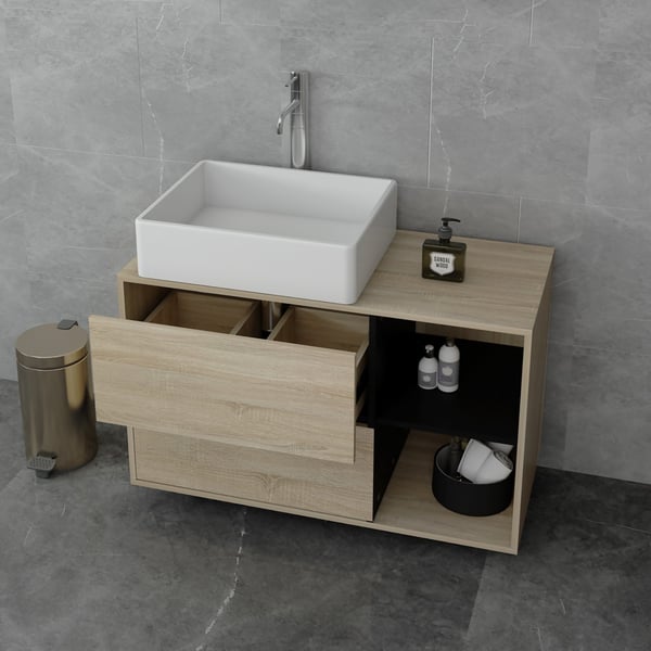ML Design håndvask kabinet hængende, brun-sort, 100x60x45.5cm, badeværelse kabinet 2 skuffer, opbevaring