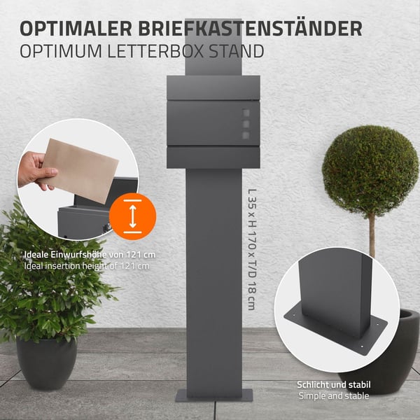 ML-Design Mailbox Stativ lavet af rustfrit stålpulverbelagt i antracit, højde 170 cm, hulafstand 23x17 cm, fritstående, til skrue, til vægpostkasse