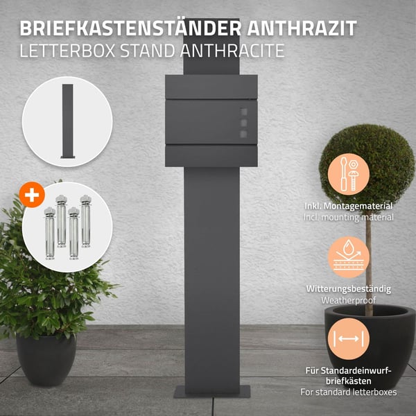 ML-Design Mailbox Stativ lavet af rustfrit stålpulverbelagt i antracit, højde 170 cm, hulafstand 23x17 cm, fritstående, til skrue, til vægpostkasse