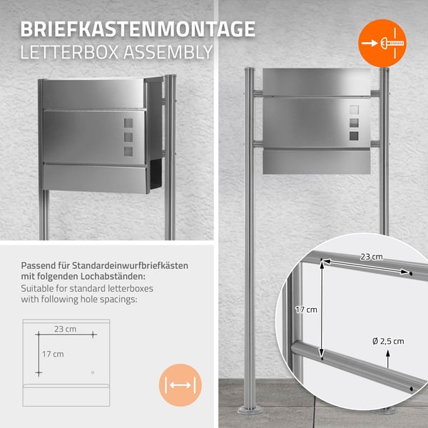 ML-Design Mailbox Stand lavet af rustfrit stål, sølv metallisk, total højde 120 cm, rund, fritliggende, brevboks indlæg til skrue på