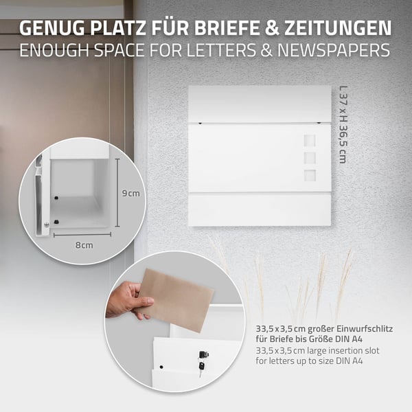 Brevkasse med avisrum 37x10,5x36,5 cm hvid/sort stål inkl. brevkasseholder