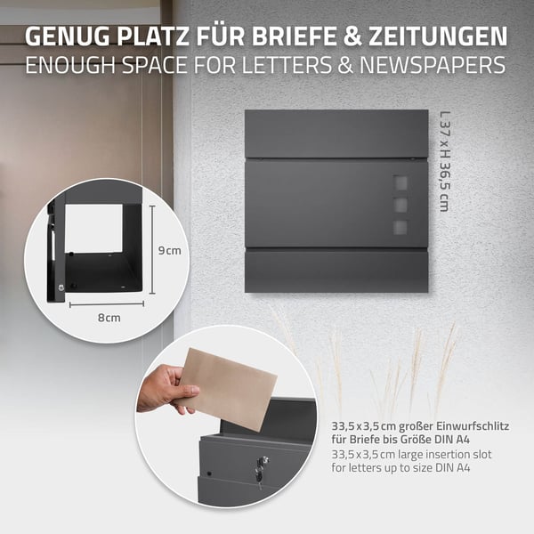 Brevkasse med avisrum 37x10,6x36,5 cm antracit/sort stål inkl. brevkasseholder