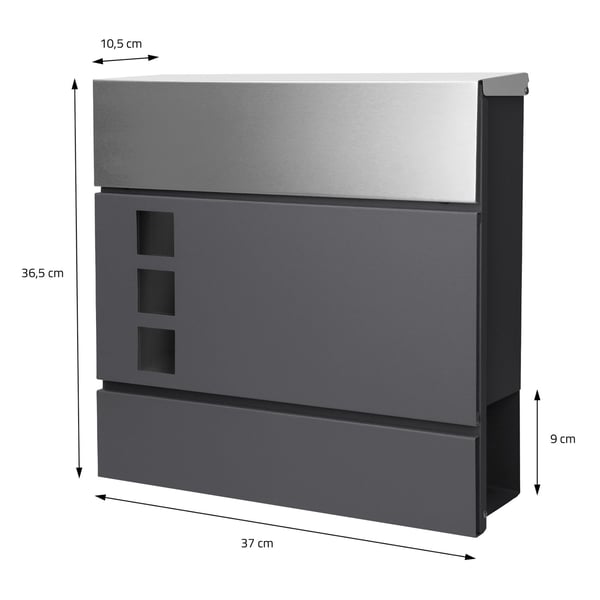 Brevkasse med avisrum 37x10,5x36,5 cm antracit/sølv/sort rustfrit stål inkl. brevkasseholder