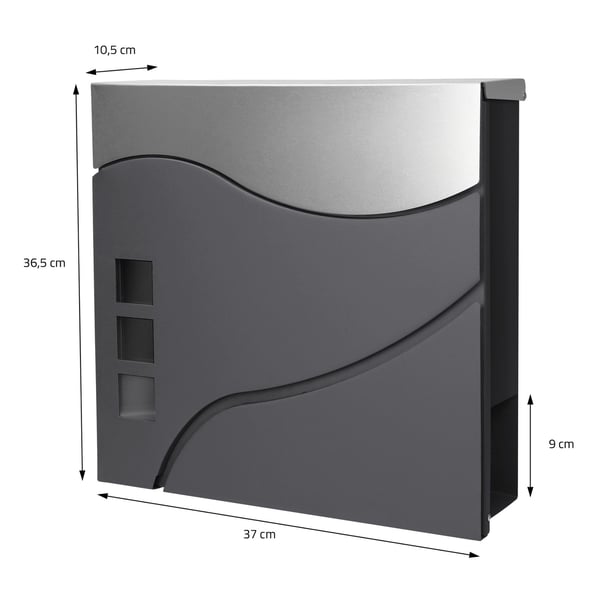 Brevkasse med avisrum 37x10,5x36,5 cm antracit/sølv/sort rustfrit stål inkl. brevkasseholder