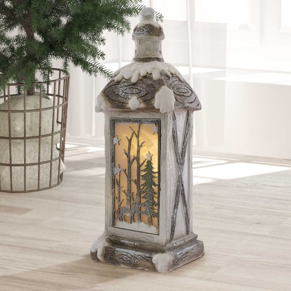 ECD Germany LED Jullantern med varm vit LED Ljus, upplyst LED-lykta för jul, 60cm, vit, beige, grön gran, snöig, batteridriven,juldekoration för inuti