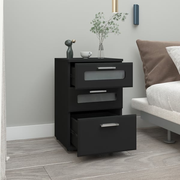 ML-Design Sengebord med 3 skuffer, top med glasindsats, sort, 40x60x38 cm, træ, boks forårsseng nat bord natkonsol kommode, egnet til hver seng
