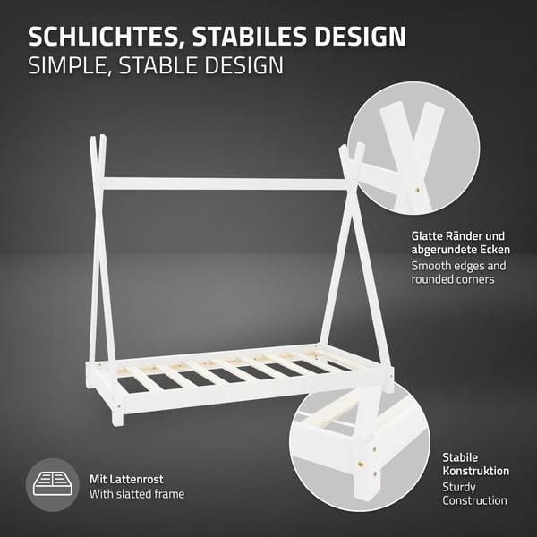 ML Design COT TIPI 70 x 140 cm med slattedramme, hvid, indisk seng lavet af massivt træ, hus seng til piger og drenge, børnehus ungdoms seng træ seng