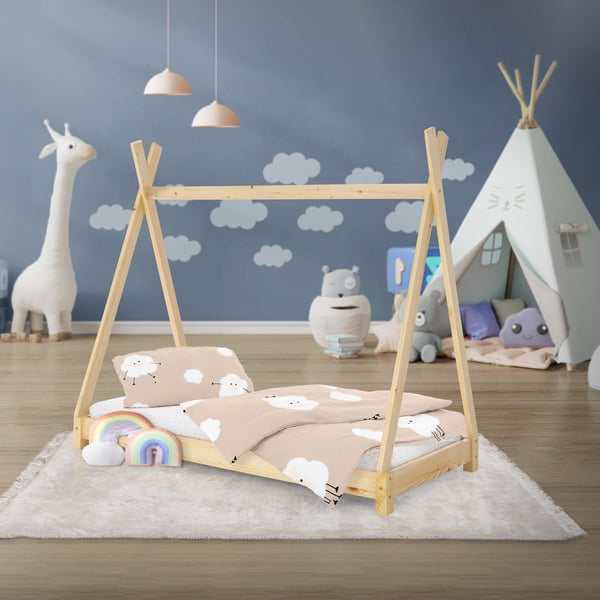 ML Design COT TEPI 70 x 140 cm med slattedramme, natur, indisk seng lavet af massivt træ, hus seng til piger og drenge, børnehus ungdom seng træ seng