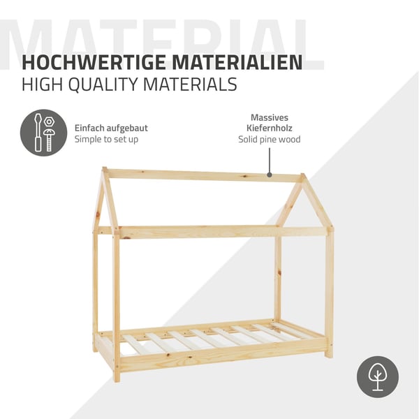 ML Design CoT 70x140 cm katto ja slotted kehys, luonto, talonpohja tytöille ja pojille, lasten talo kiinteästä mäntypuusta, tukeva nuoriso sänky