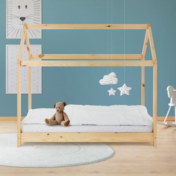 ML Design CoT 70x140 cm katto ja slotted kehys, luonto, talonpohja tytöille ja pojille, lasten talo kiinteästä mäntypuusta, tukeva nuoriso sänky