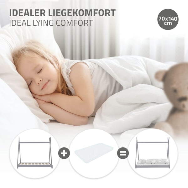 ML Design COT Tepi 70 x 140 cm med slattedramme, lysegrå, indisk seng lavet af massivt træ, hus seng til piger og drenge, børnehus ungdoms seng