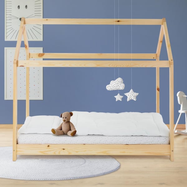 ML Design COT 80x160 cm med tag og slattedramme, natur, boligblå til piger og drenge, børnehus lavet af solid fyrretræ, solid ungdoms seng