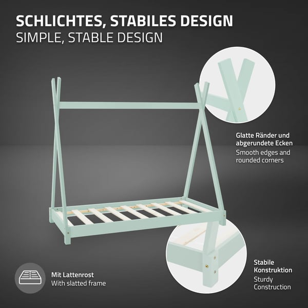 ML Design COT TIPI 70 x 140 cm med slattedramme, mynte, indisk seng lavet af massivt træ, hus seng til piger og drenge, børnehus ungdoms seng træ seng