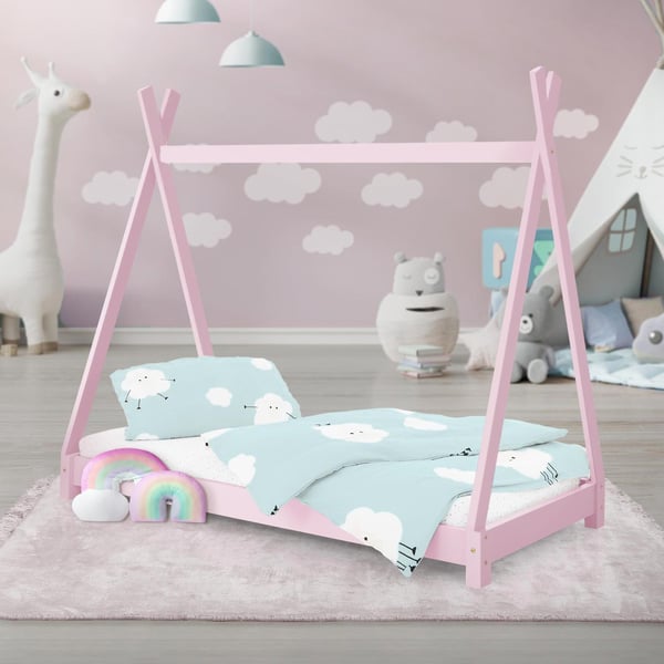 ML Design COT TIPI 70 x 140 cm med slattedramme, pink, indisk seng lavet af massivt træ, hus seng til piger, børnehus ungdoms seng træ seng seng hus