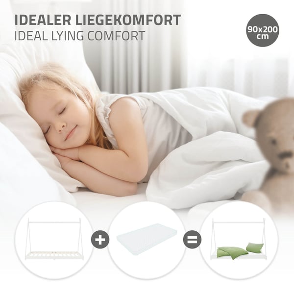 ML Design COT TIPI 90 x 200cm med slattet ramme, hvid, indisk seng lavet af massivt træ, hus seng til piger og drenge, børnehus ungdoms seng træ seng