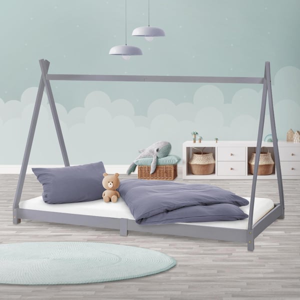ML Design COT TIPI 90x200cm med slattedramme, lysegrå, indisk seng lavet af massivt træ, hus seng til piger og drenge, børnehus ungdoms seng træ seng