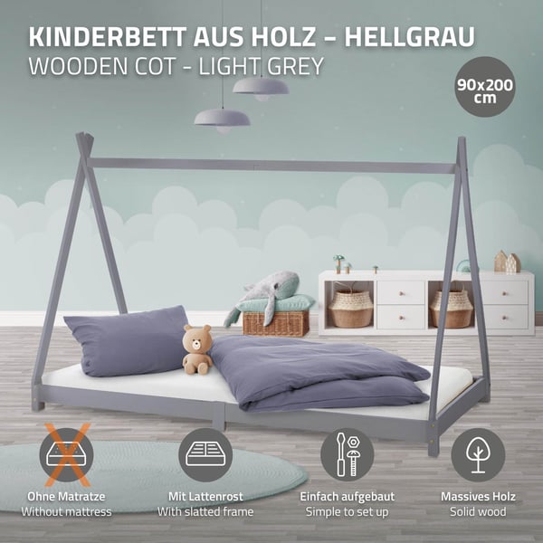 ML Design COT TIPI 90x200cm med slattedramme, lysegrå, indisk seng lavet af massivt træ, hus seng til piger og drenge, børnehus ungdoms seng træ seng