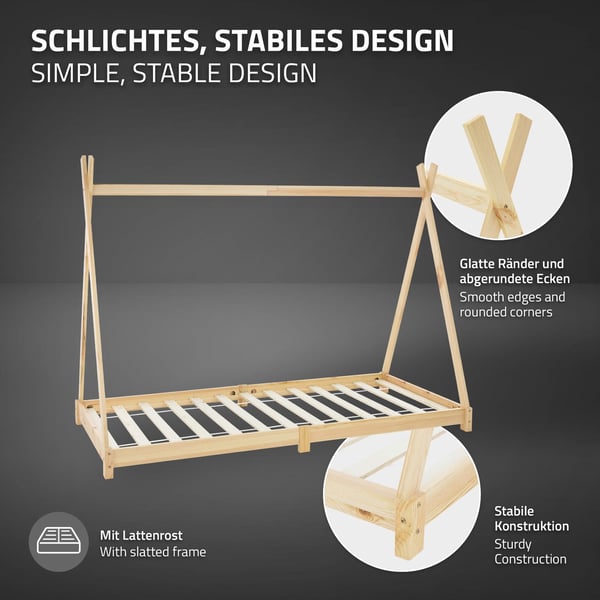 ML Design COT TIPI 90 x 200cm med slattedramme, natur, indisk seng lavet af massivt træ, hus seng til piger og drenge, børnehus ungdoms seng træ seng