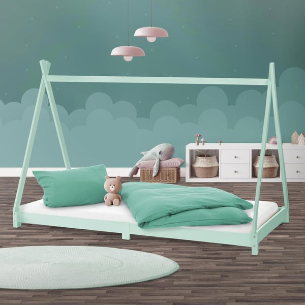ML Design COT TIPI 90 x 200cm med slattedramme, mynte, indisk seng lavet af massivt træ, hus seng til piger og drenge, børnehus ungdoms seng træ seng