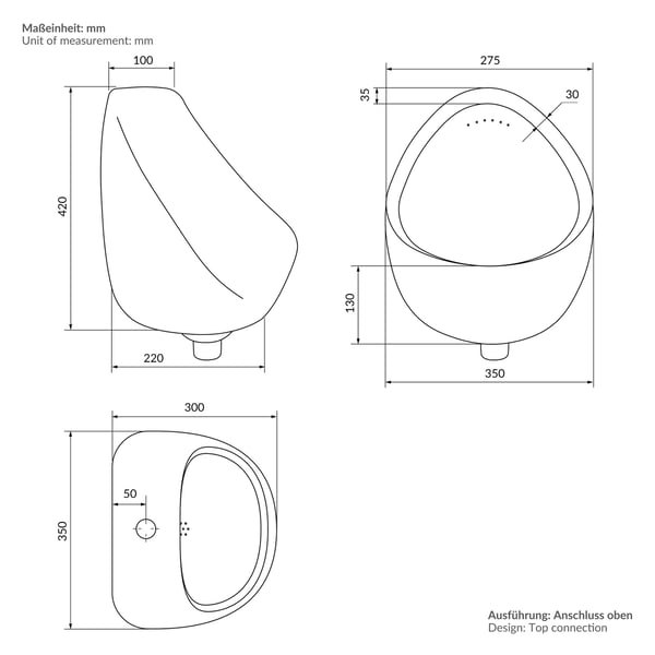 ECD Germany Urinal Feed fra Top White, høj kvalitet Keramisk pinkinkline, moderne design pissoir,35x42x30cm, rund, skylle kant lukket, flyder baglæns