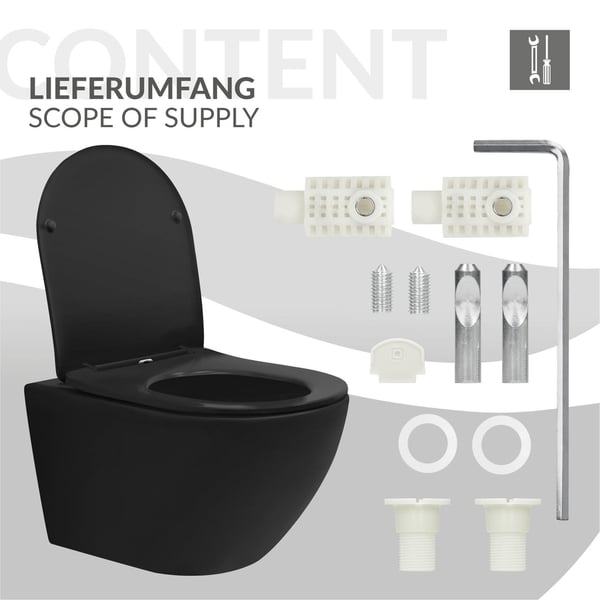 Suoraan seinään kiinnitettävä reunaton WC pitkä Musta matta, valmistettu Duroplastista.