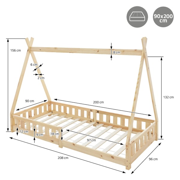 Børneseng Teepee Natur fald-ud beskyttelse Træ seng House House Bed Pine Wood 200x90cm
