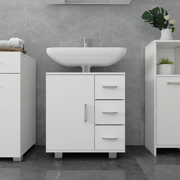 ML Design tvättställ skåp vit 60x60.8x33cm handfat skåp med dörr, 3 lådor, gott om förvaringsutrymme, handfat kabinett av mdf trä, badrum skåp handfat