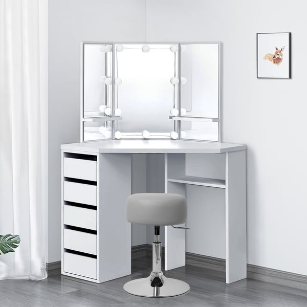 Påklædningsbord med LED-belysning Spejl og skammel 110x141,5x54 cm Hvid MDF Træ ML-Design