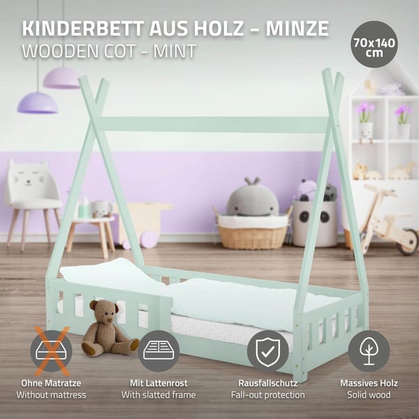 Barneseng med beskyttelse mod nedfald og lamelramme 70x140 cm mint af fyrretræ ML-Design