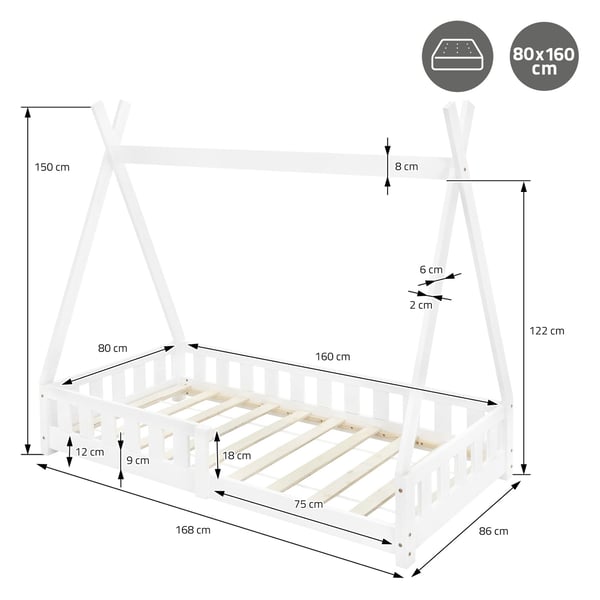 Barneseng med beskyttelse mod nedfald og lamelramme 80x160 cm Hvid fyrretræ ML-Design