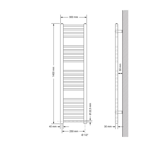 Badeværelsesradiator Sahara med varmeelement 1200W 300x1400 mm antracit lige med sidetilslutning