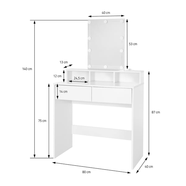 Påklædningsbord med LED-belysning 80x40x140 cm hvid spånplade ML-Design