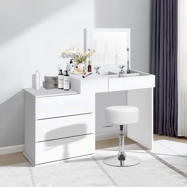 ML Design Make-up-stol Hvid fremstillet af forkromet stål, rund sæde stol Ø 33cm, højdejusterbar toiletbordstole 52-65cm, drejelig