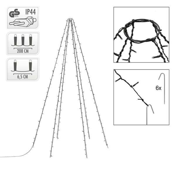 ECD Germany Flagpole Fairy Lights, 6 tråde på 2,08 meter med 192 LED i varm hvid til træer, inkl. 6 sild og 6 kabelbånd, sort, IP44, Udenfor