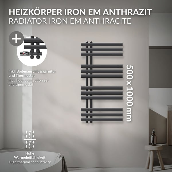 ECD Germany Design Håndklæde Iron EM - 500 x 1000 mm - antracit - radiator håndklædevarmer håndklædeholder passage