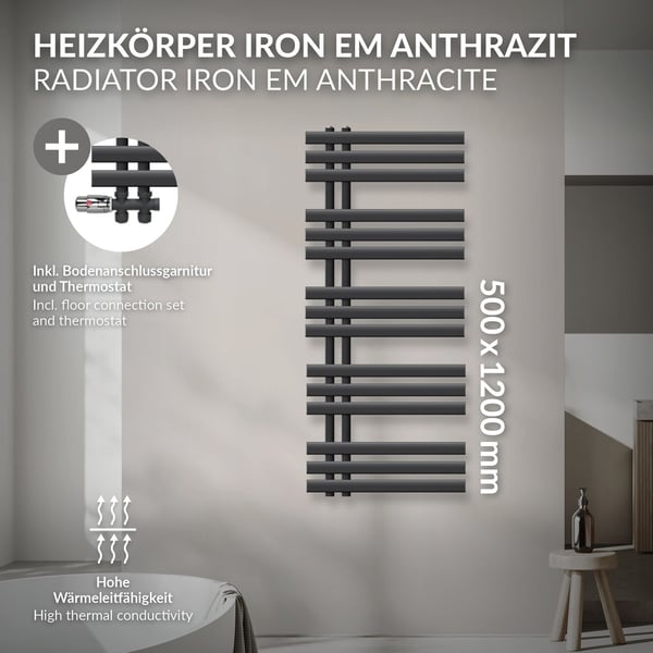 ECD Germany Design Håndklæde Iron EM - 500 x 1200 mm - antracit - radiator håndklædevarmer håndklædeholder passage