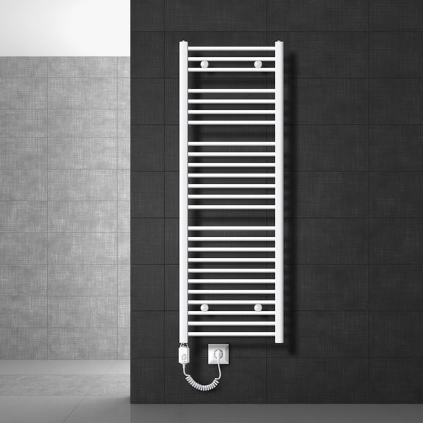 Opvarmet håndklæde radiator med opvarmning element 1200 W ECD Germany Model Sahara 500 x 1500 mm lige side forbinder hvid håndklædeholder