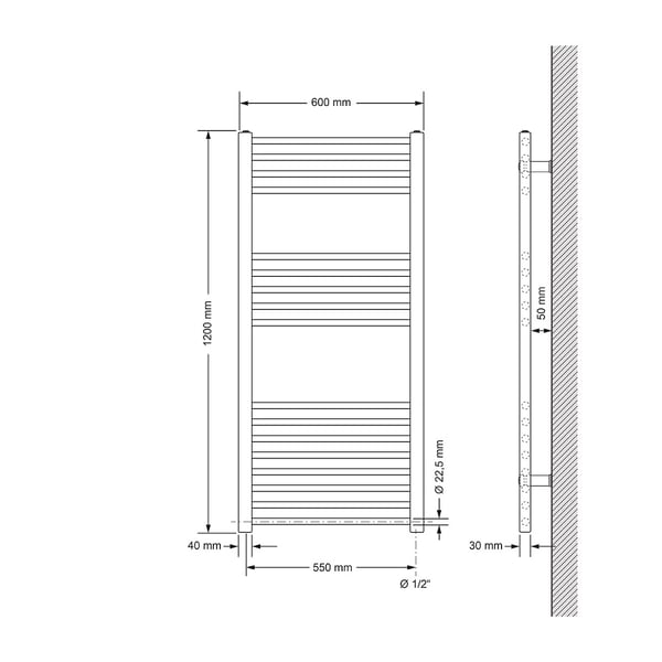 ECD Germany badeværelsesradiator elektrisk 600 x 1200 mm med varmestang 1200 W - hvid - lige med sidetilslutning - radiator håndklædevarmer