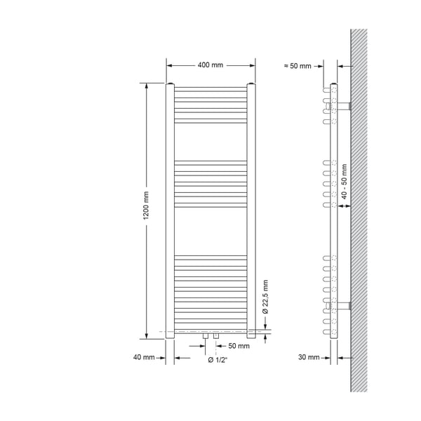 ECD Germany badeværelsesradiator - 400 x 1200 mm - hvid - buet med central forbindelse - køler håndklædevarmer