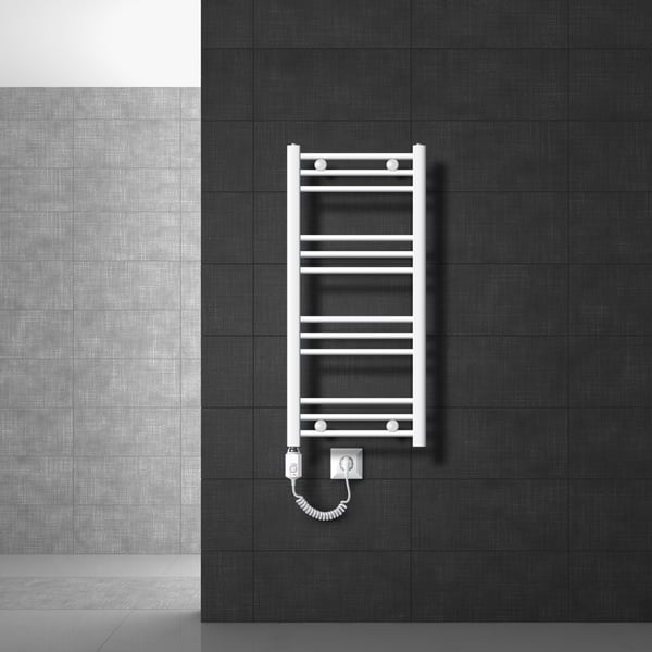 Håndklæderadiator med opvarmning element 300 W ECD Germany model Sahara 400 x 800 mm hvid bøjet side port håndklædeholder