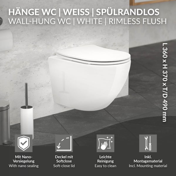 Flush kantløst væghængt WC kort Hvid keramik