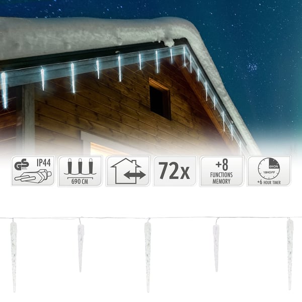 Jouluvaloketju LED Icicle Light Chain Kylmä valkoinen 72 kartiota 8 valomoodia ajastimella