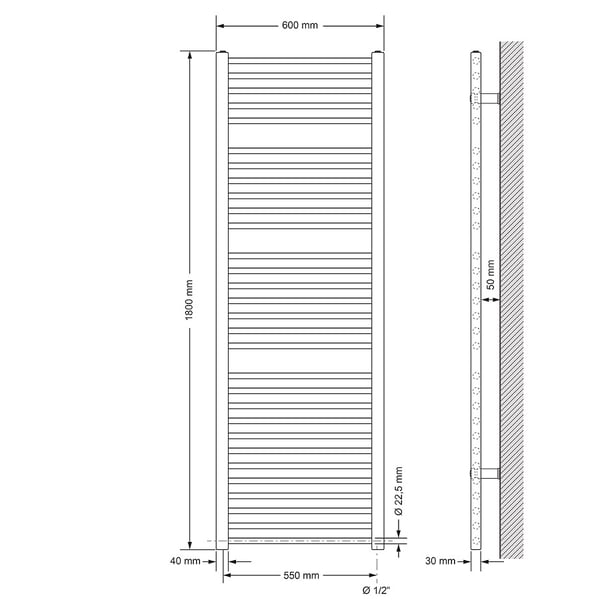 Opvarmet håndklæde radiator med opvarmning element 900 W ECD Germany Model Sahara 600 x 1800 mm chrome lige sidetilslutning håndklædeholder