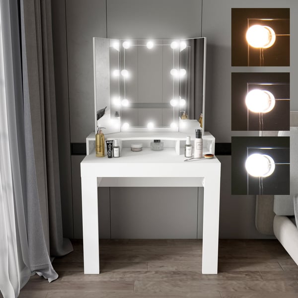 ML Design toiletbord hvid toiletbord med LED-belysning, spejl 3-pc'er Sammenfoldelig, skuffe 3 rum, 89.5x155x43.5cm, kosmetisk bord