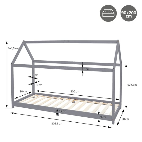 ML Design Cot 90x200cm katto ja slotted runko, vaaleanharmaa, talonpohja tytöille ja pojille, lasten talo kiinteästä mäntypuusta, tukeva nuori sänky