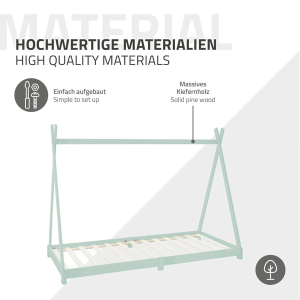 ML Design COT TIPI 90 x 200cm med slattedramme, mynte, indisk seng lavet af massivt træ, hus seng til piger og drenge, børnehus ungdoms seng træ seng
